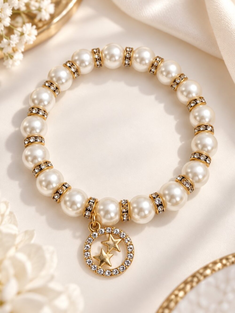 Faux Pearl Stretch Bracelet Gold Beads Star Charm